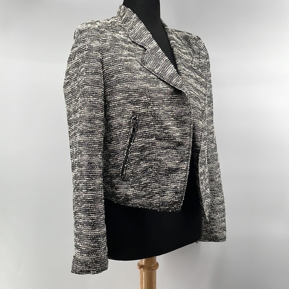 Zara tweed moto jacket white black metallic fitted office career sz sm - Picture 6 of 8